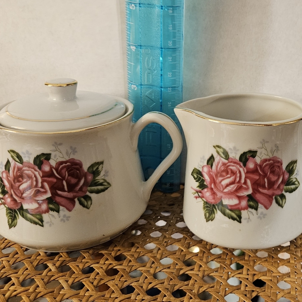 Vintage Sugar bowl and creamer, Double Rose Design, Japan FTD 1979
